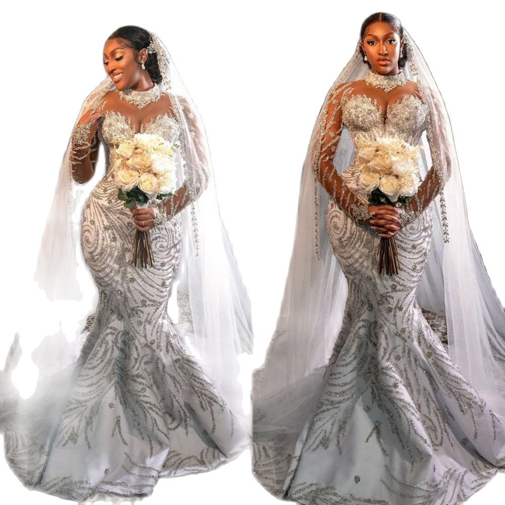 Saudi Arabia Crystal Mermaid Wedding Dress Illusion High Neck Long Sleeve Plus Size Bridal Gowns Beads Bride robes de