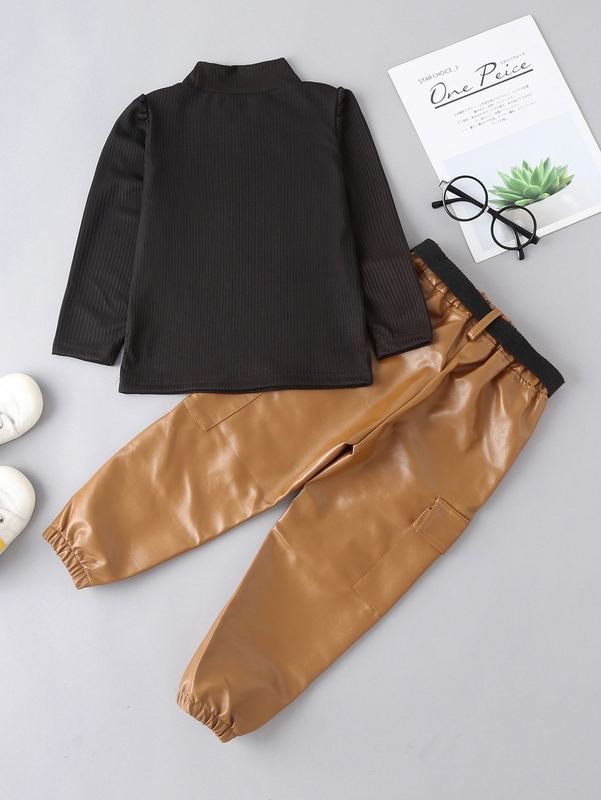 Toddler Girls Mock Neck Tee & Flap Pocket Buckled Belted Pants SHE