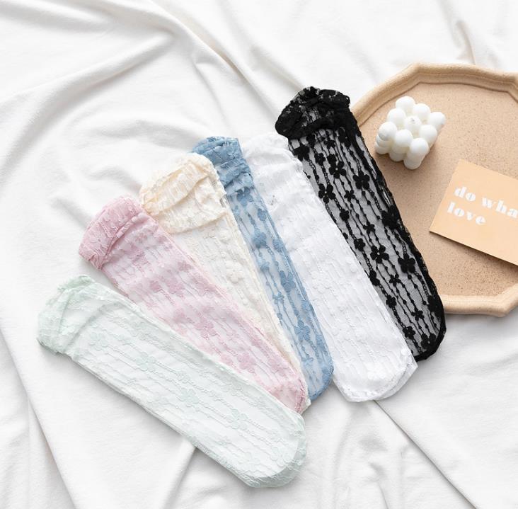 Women Lace Ankle Socks Sheer See Through Slouch Sock Transparent Loose Socks Vintate Floral Midle Stockings