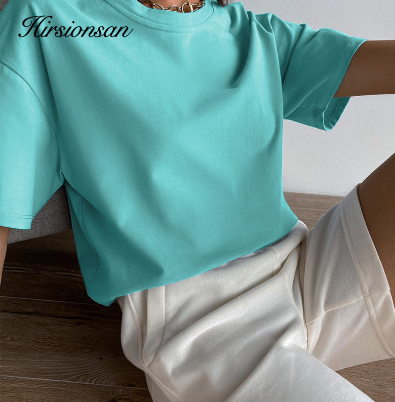Hirsionsan Basic Cotton T Shirt Women Summer Loose Solid Tees 19 Color Casual Tshirt Oversized O Neck Female Tops 220328