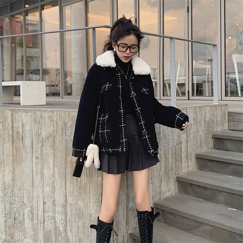 MISHOW Atumn Winter Fashion Black Woolen Coat Women Causal Lambswool Lapel Crystal Buckle Coat Tops MX19D6522 201112