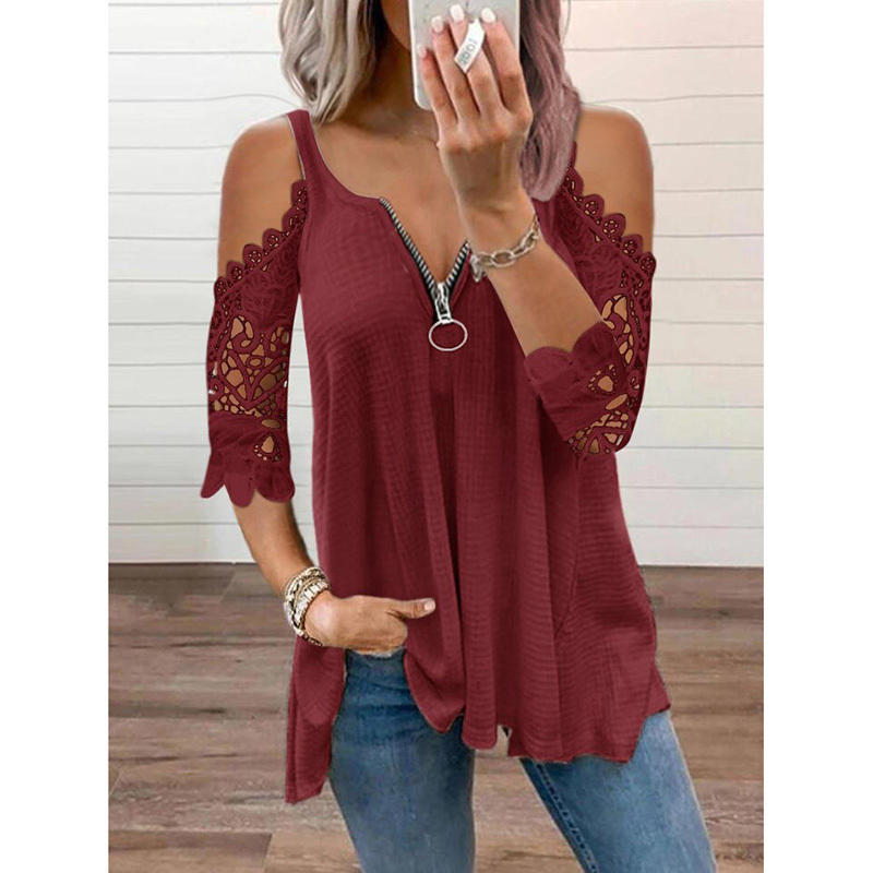 Summer Clothes for Women Sexy Off Shoulder Lace Tunic Tops Casual Elegant Half Sleeve V Neck Zipper Oversized Tees T-shirt 220321