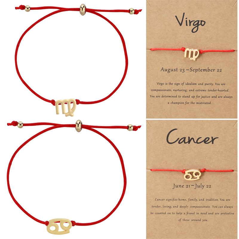 Handmade 12 Constellation Zodiac Charm Bracelet for Women Adjustable Couple Horoscope Red Rope Bracelets Lovers Lucky Hand Chain Jewelry Gift with Wis