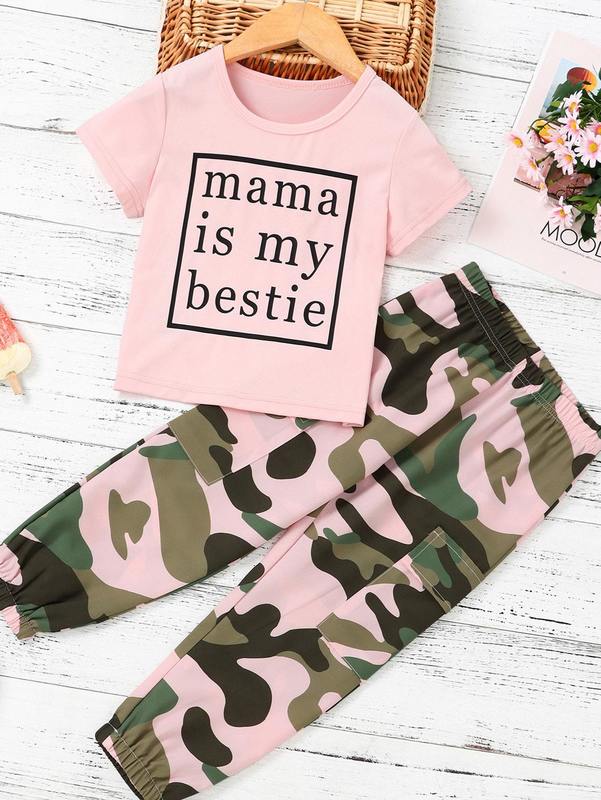 Toddler Girls Slogan Graphic Tee & Camo Print Flap Pocket Pants SHE