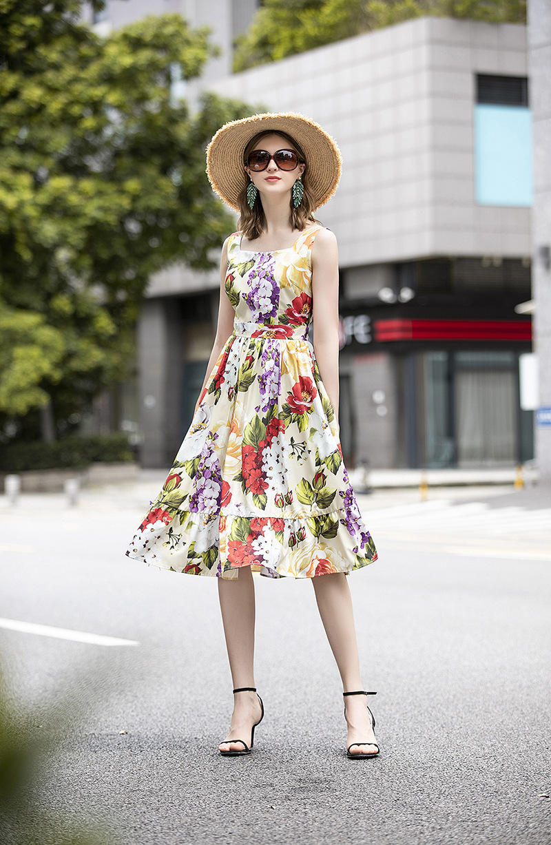 Women's Runway Dresses Spaghetti Straps Floral Printed Ruffles Fashion Summer Holiday Dress Vestidos