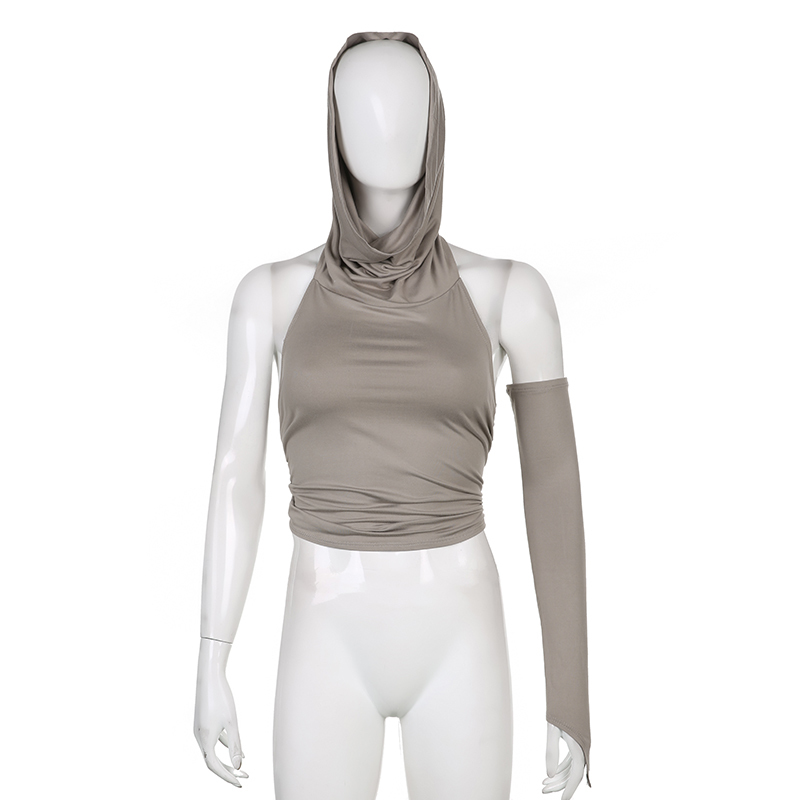 BIIKPIIK Pile Collar Backless Streetwear Women T-shirts One-sleeve Hooded Vintage Solid Crop Tops Slim Casual Fashion Clothing 220408