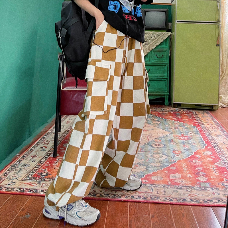 HOUZHOU Cargo Plaid Pant Hippie Harajuku Y2k Oversize Baggy Checked Trousers Female Streetwear Wide Leg Korean Fashion 220325