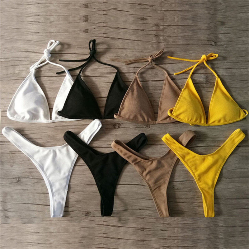 Brazilian Girls Swimming Suits Bikini Small Cup High Cut Style Beach Biquini Solid Black White Micro Swim Thong Bikinis 220611