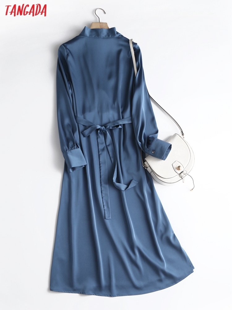 Tangada Autumn Fashion Women Elegant Satin Dress Long Sleeve Office Ladies Midi Dress with Slash 6D105 220811