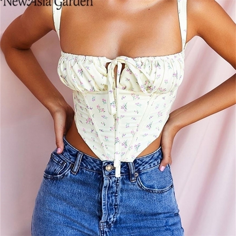 Asia Floral Corset Women Sweet Print Hollow Up Tie Sexy Crop Top Summer Sleeveless Ruched Boning Bustier Casual Tank 220325