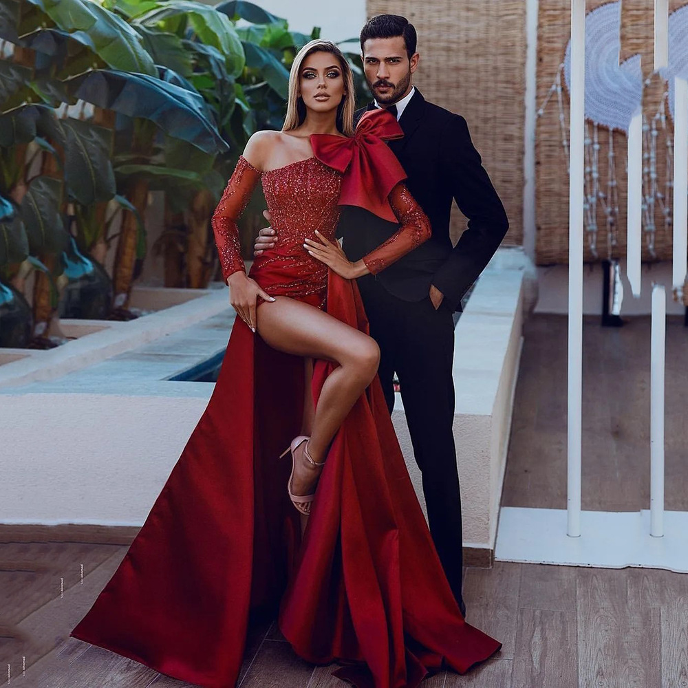 Charming Red Formal Evening Dresses Beading Mermaid Party Dress Sexy Sheer Long Sleeves Ruched Satin Runway Prom Gowns Overskirt 2023