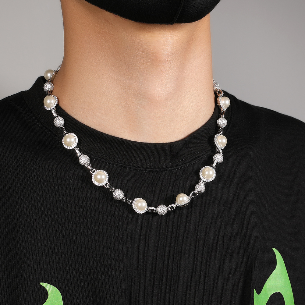 Hip Hop Pearl Necklaces Bling Diamond Stone Men's Personality Trend Retro Stacked Chain Sweater Accessories