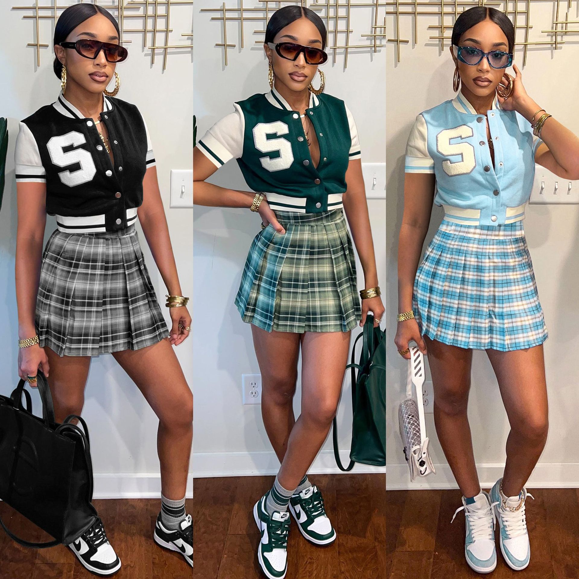 Summer Newest Letter Embroidery Tracksuits For Womens Baseball Uniform Crop Tops And Plaid Printed Mini Skirts 2 Piece Sets HR8209, Black
Summer Newest Letter Embroidery Tracksuits For Womens Baseball Uniform Crop Tops And Plaid Printed Mini Skirts 2 Piece Sets HR8209, Black