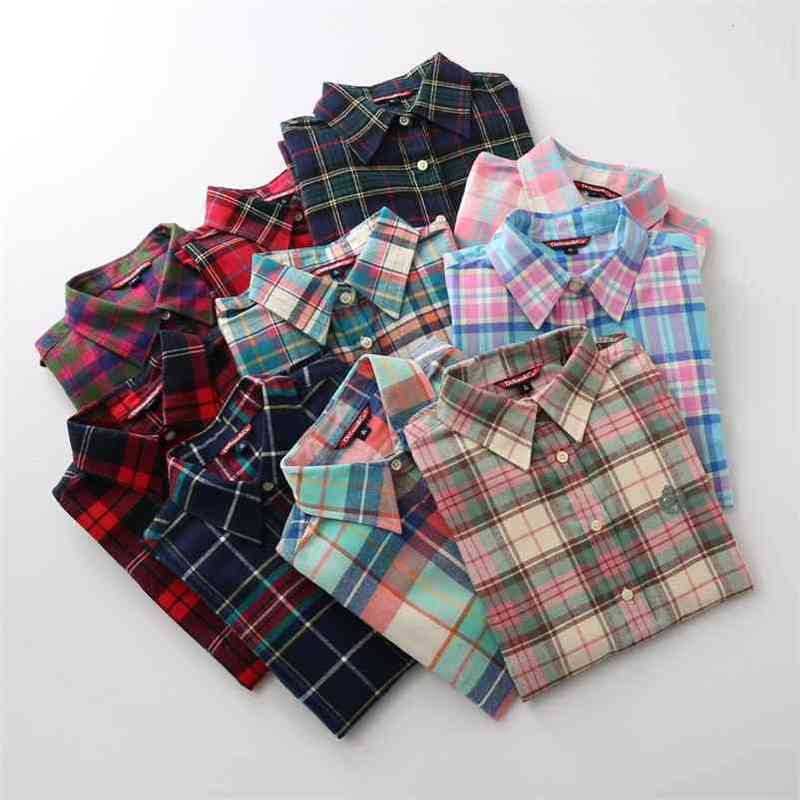 Autumn Fashion Women Plaid Shirts Flannel Shirt Lapel Long Sleeve Blouse Shirt Casual Loose Cotton Blusas Tops Office Lady Shirt 210401