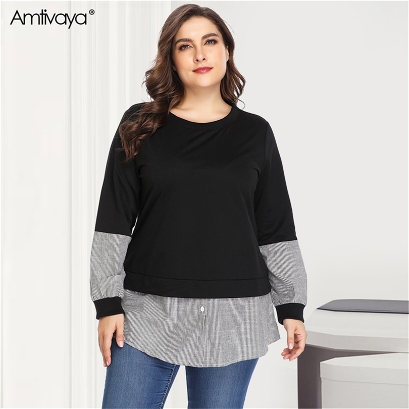Amtivaya Plus Size Women Tops Loose Casual Long Sleeve T Shirts T200614