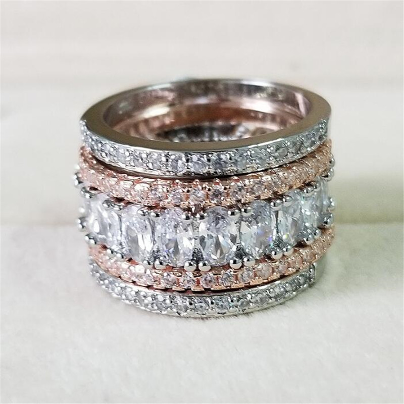 Choucong Brand Unique Wedding Rings Luxury Jewelry 925 Sterling Silver Rose Gold Fill Oval Cut White Topaz CZ Diamond Gemstones Women Engagement Brida