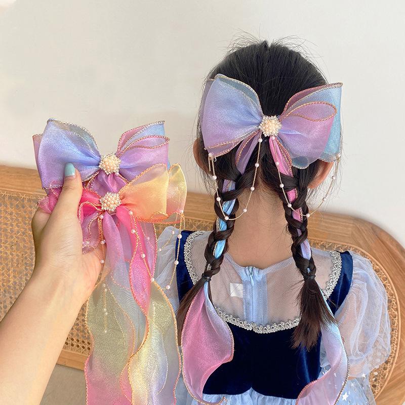 Hair Accessories Pearl Chain Girls Mesh Streamer Bows Long Tassel Ponytail Clips Gradient Children Hairpins Baby, 02
Hair Accessories Pearl Chain Girls Mesh Streamer Bows Long Tassel Ponytail Clips Gradient Children Hairpins Baby, 02