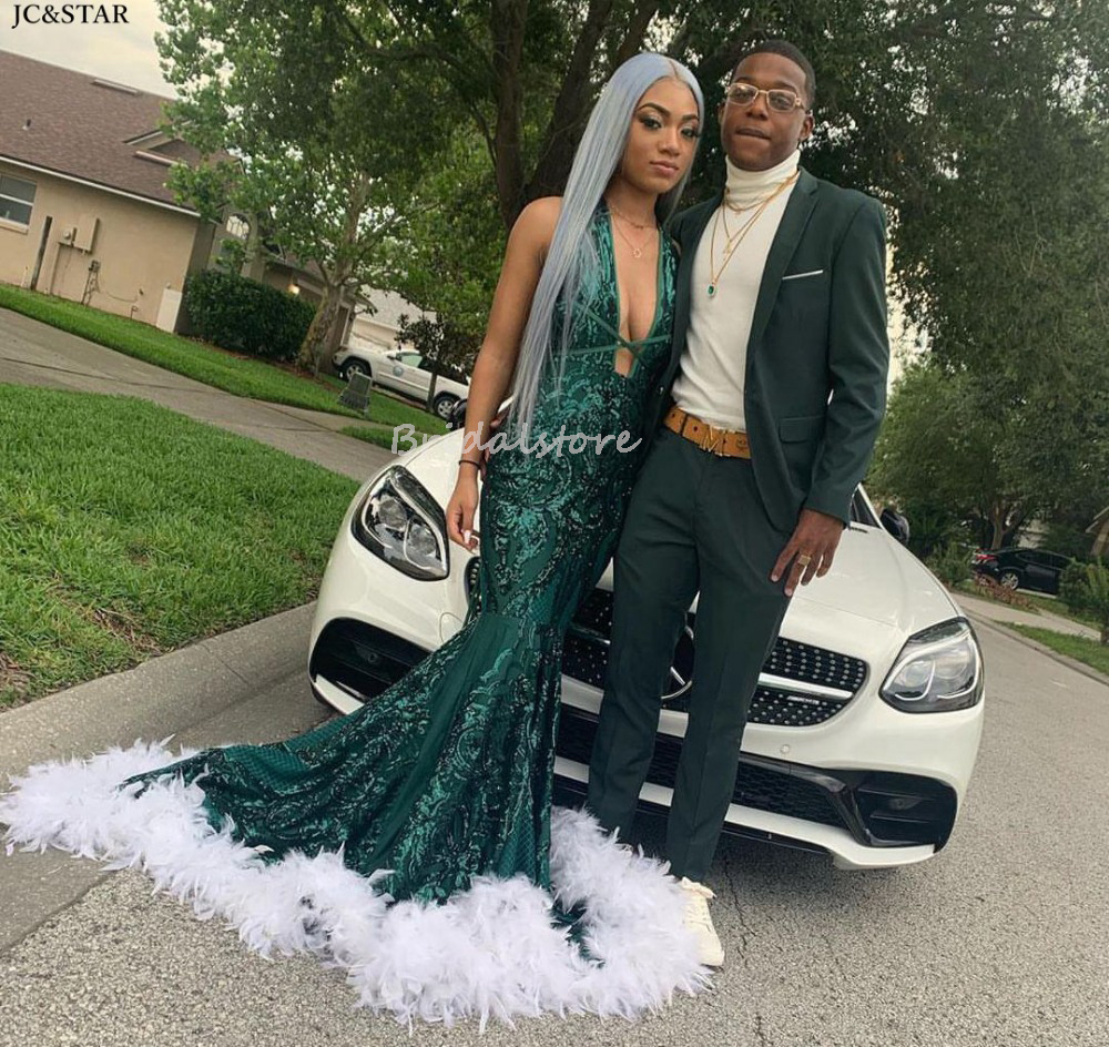 Emerald Green Sequin Mermaid Prom Dresses With Feather For Black Girls Luxury Aso Ebi African Evening Dress 2022 Halter Night Party Formal Gowns Robes