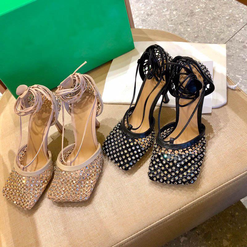 2023 Women dress sandals shoes High Heels sparkle stretch sandal Leather mesh sandals ankle strap high-heel designer heel Square toe pump