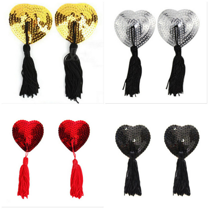 1 Pair Sexy Pasties Stickers Women Lingerie Sequin Tassel Breast Bra Nipple Cover Self Adhesive Heart Shape Bra Nipple Cover 220514
