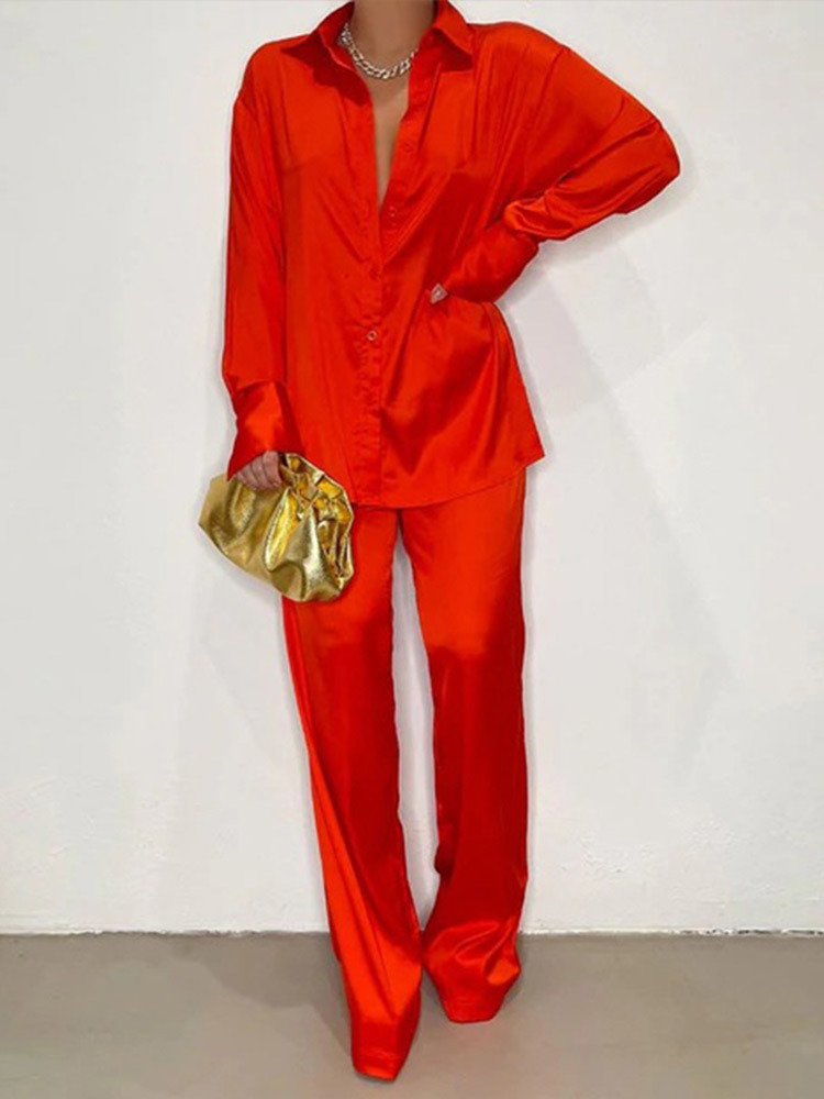 Womens Elegant Satin Trousers Female Long Sleeve Shirt And Wide Leg Straight Pants Sleepwear 2Piece Set Summer Outfits 220810