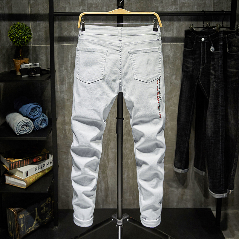 White Jeans Men Fashion Trendy Embroidery Letters College Boys Slim Fit Runway Zipper Denim Pants Destroyed Ripped Jeans Black CX220401