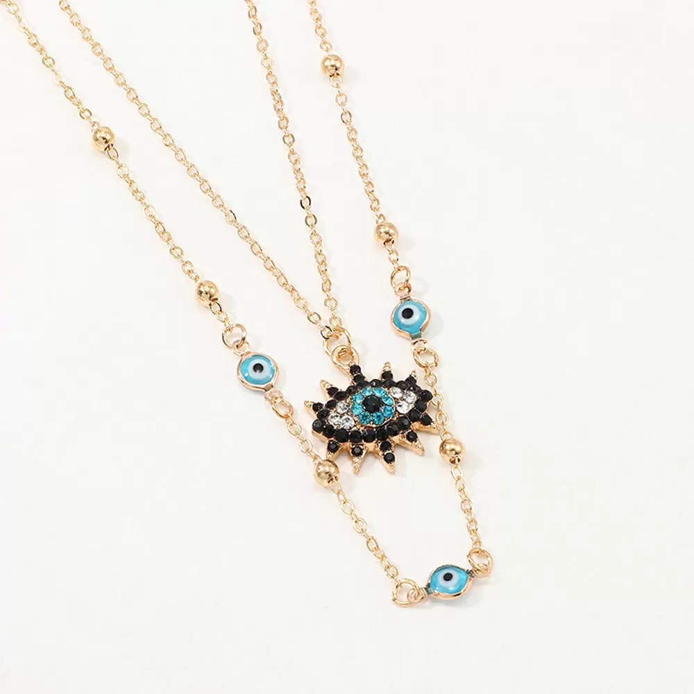 Vintage Boho Style Austrian Crystal Blue Evil Eye Pendent Necklace for Women 18K Gold Plated Double Layer Chain Good Luck Charm Necklaces Jewelry Gift