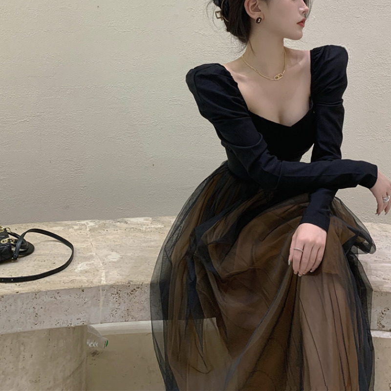 Black Elegant Skirt Suit Women Winter France Vintage Set Woman 2 Pieces Chic Korea Y2k Blouse + Gauze Party Midi 220317