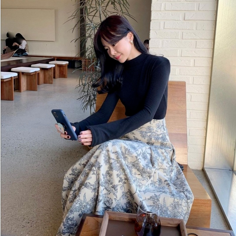 Skirts Korean Chic Vintage High Waist Print Big Swing Women Mujer Faldas Loose Elegant Temperament Clothing Fashion 220322