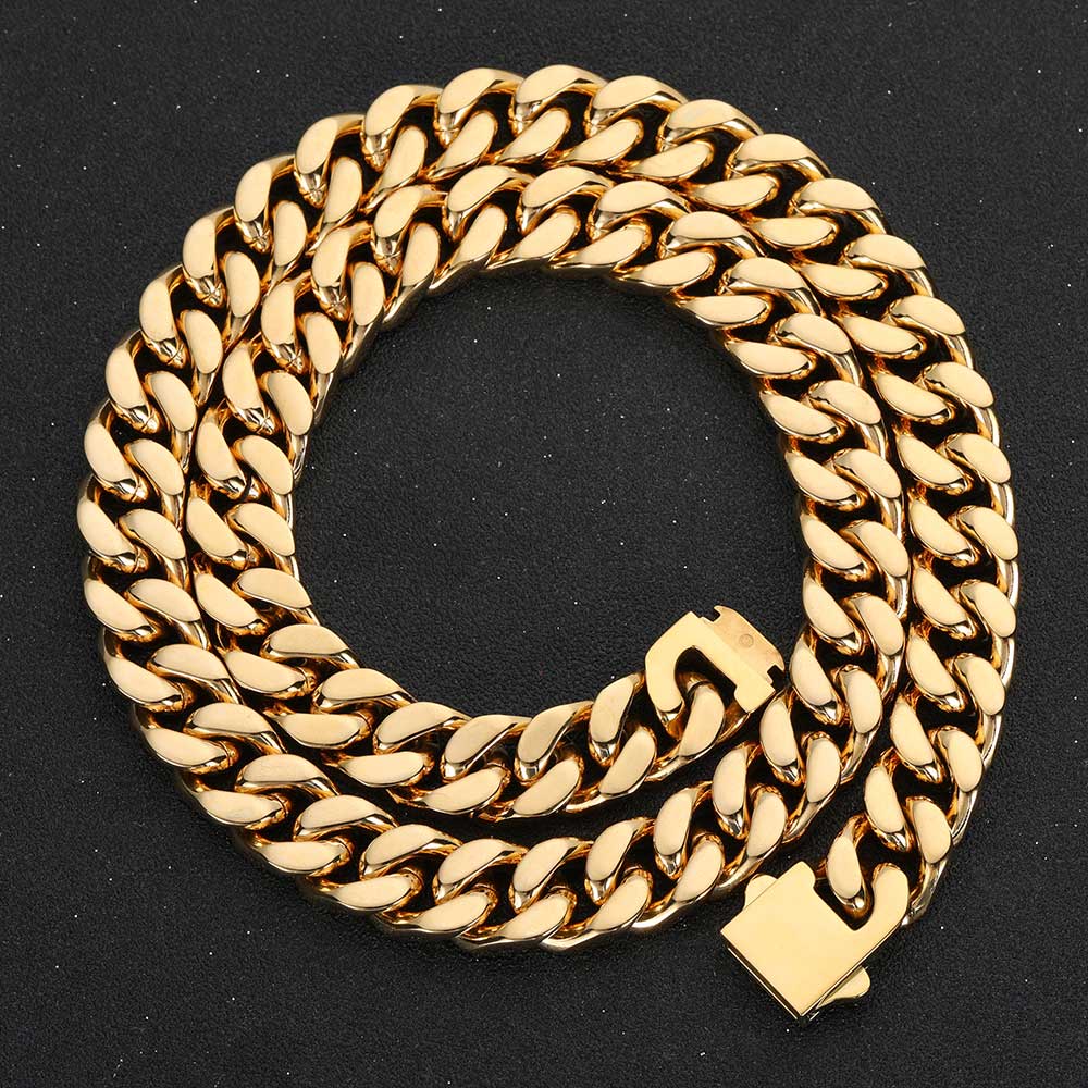 Cuban Link Chain Necklace Bracelet Jewelry Set Heavy 18K Gold Plated Stainless Steel Metal Necklace for Boys Girls with Design Spring Buckle