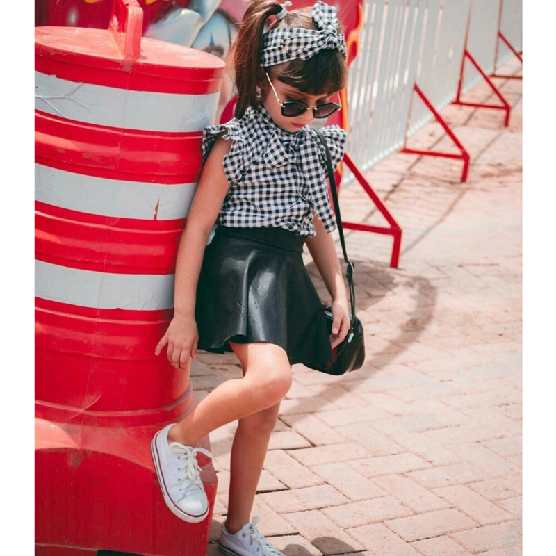 Infant Baby Girls Summer Clothes Sets Sweet Black And White Plaid Print Ruffles Fly Sleeve T Shirts Tops with Pu Leather Skirts 3Pcs, As picture
Infant Baby Girls Summer Clothes Sets Sweet Black And White Plaid Print Ruffles Fly Sleeve T Shirts Tops with Pu Leather Skirts 3Pcs, As picture