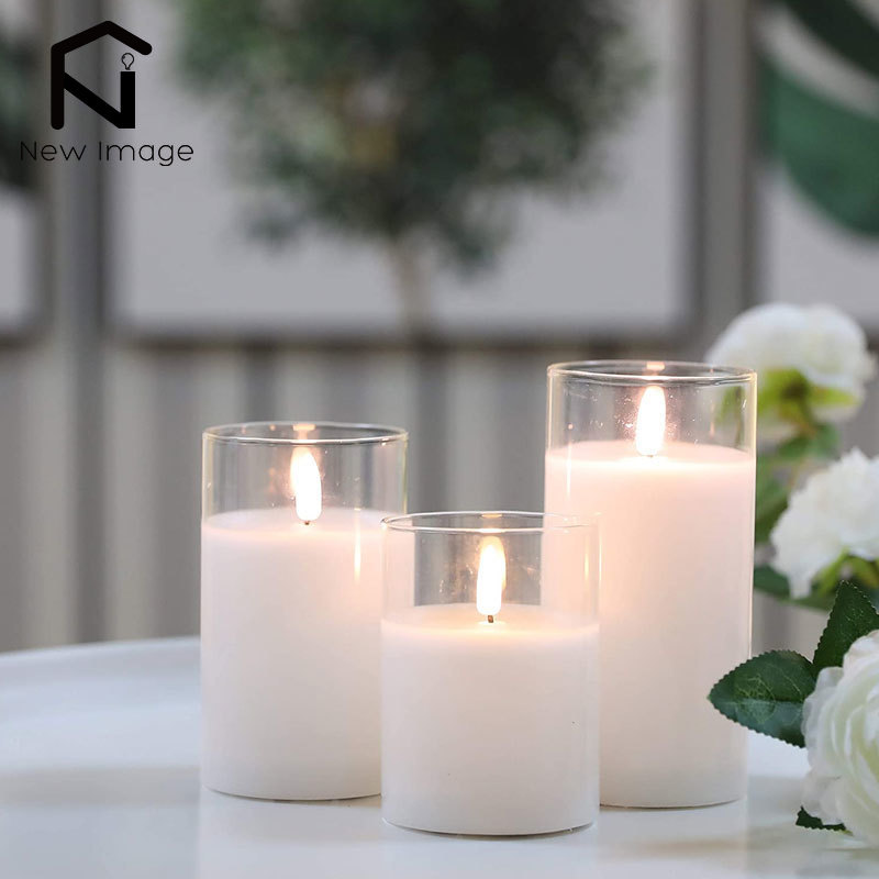 3pcs glass wax flameless candles 3d effect led candles white wax battery candles with 8key remote control home decor