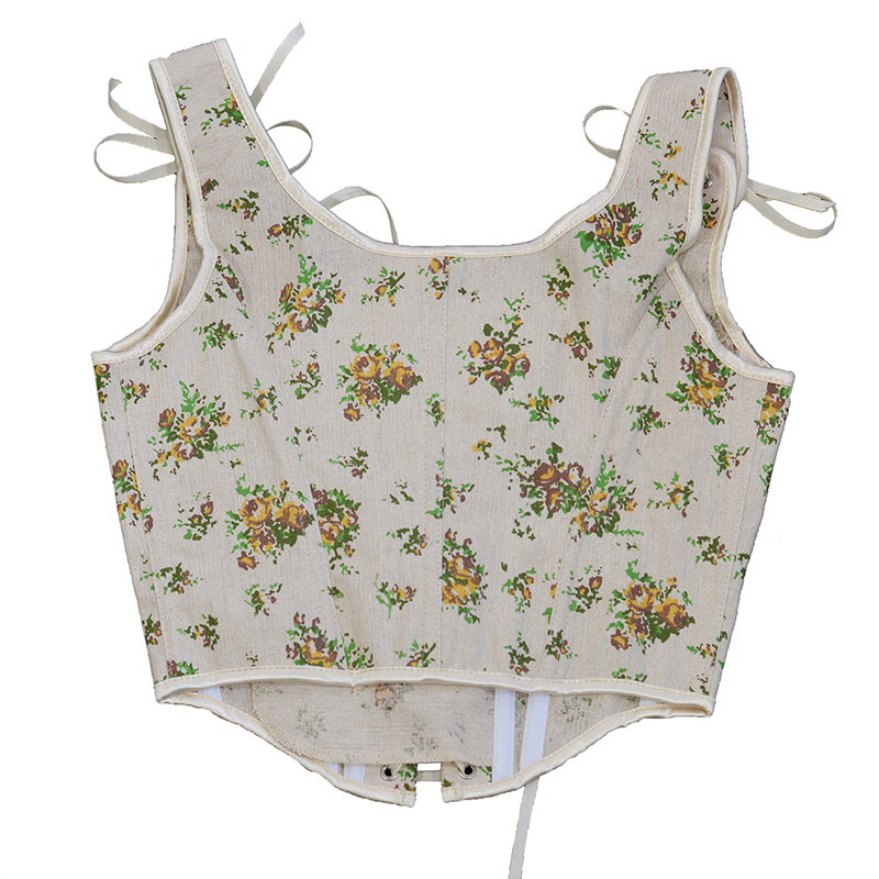 Women Floral Corset Crop Tanks Fashion Linen Yellow Rose Flower Printed Tupe Tops Vintage Plastic Boned Overbust Bustier Camis Cyber Baby Tee Ropa Fai