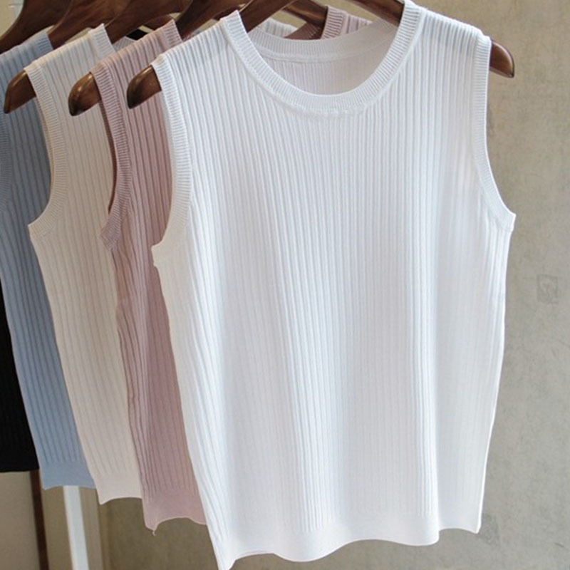 Fashion Ice Silk Knitted Vest Gym Tank Top Women Round Neck Thin Sleeveless Shirt Summer wide shoulder Loose Blusas 4588 50 220325