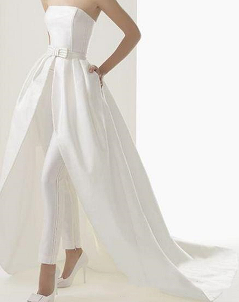 Modern Strapless Woman Jumpsuit Beach Wedding Dress With Detachable Skirt Simple Satin Pants Bridal Gowns Bow Sash Outdoor Wedding Dresses Robe De Mar