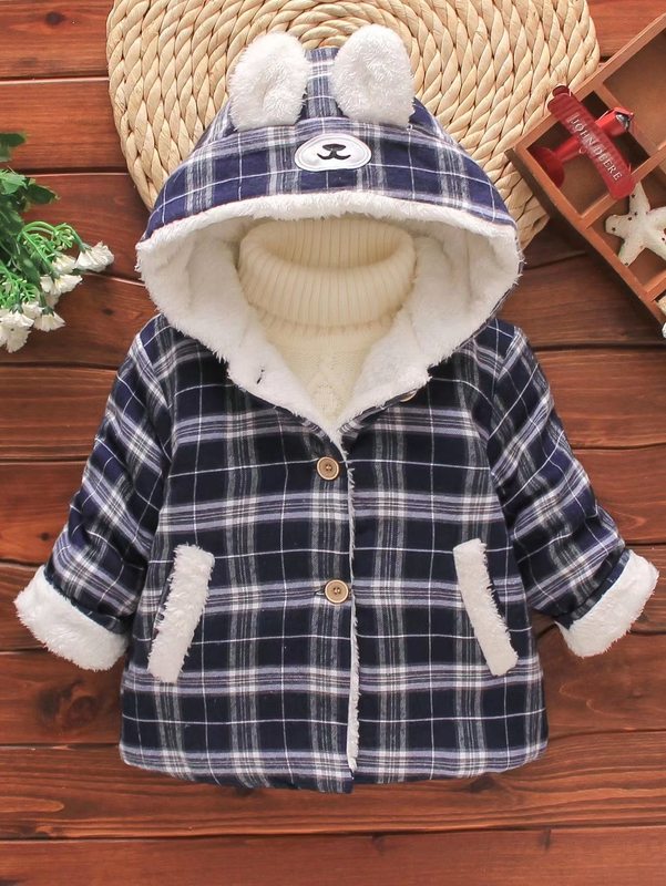 Toddler Boys 3D Ear Hooded Plaid Thermal Lined Coat SHE