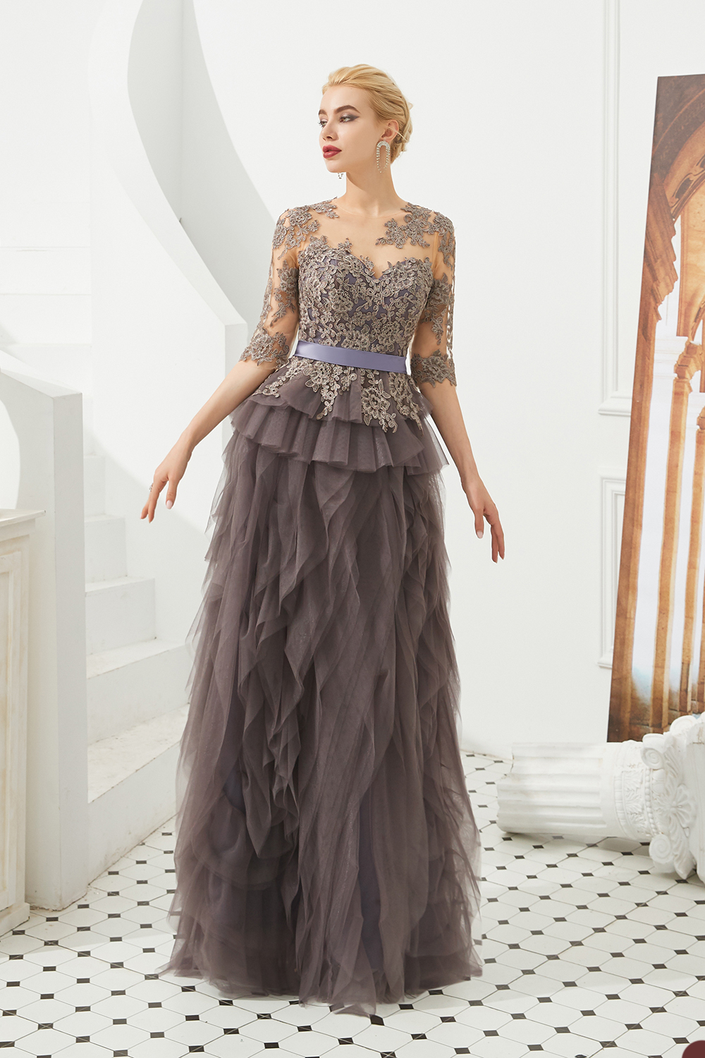 Elegant Mother Of The Bride Dresses Appliques Mid Sleeve Jewel Neck Pottrait A Line Wedding Guest Dress Floor Length Lace Mother Of Groom Gowns
