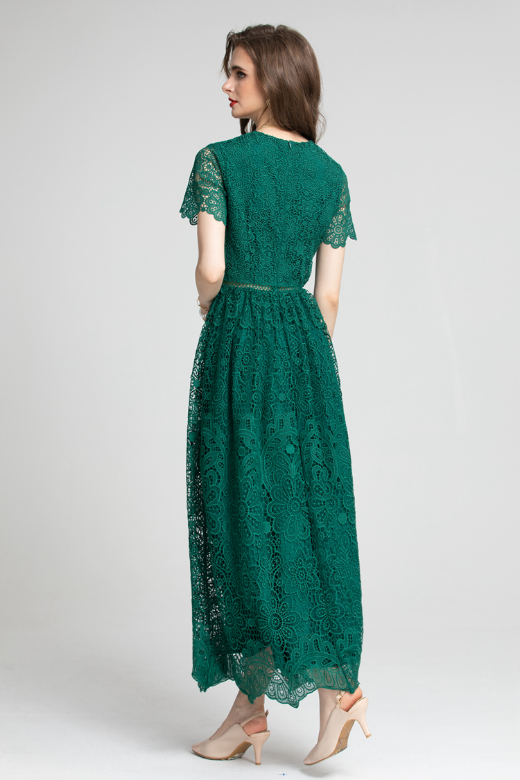 Women's Runway Dresses V Neck Short Sleeves Embroidery High Street Fashion European Style Lace Dress Vestidos