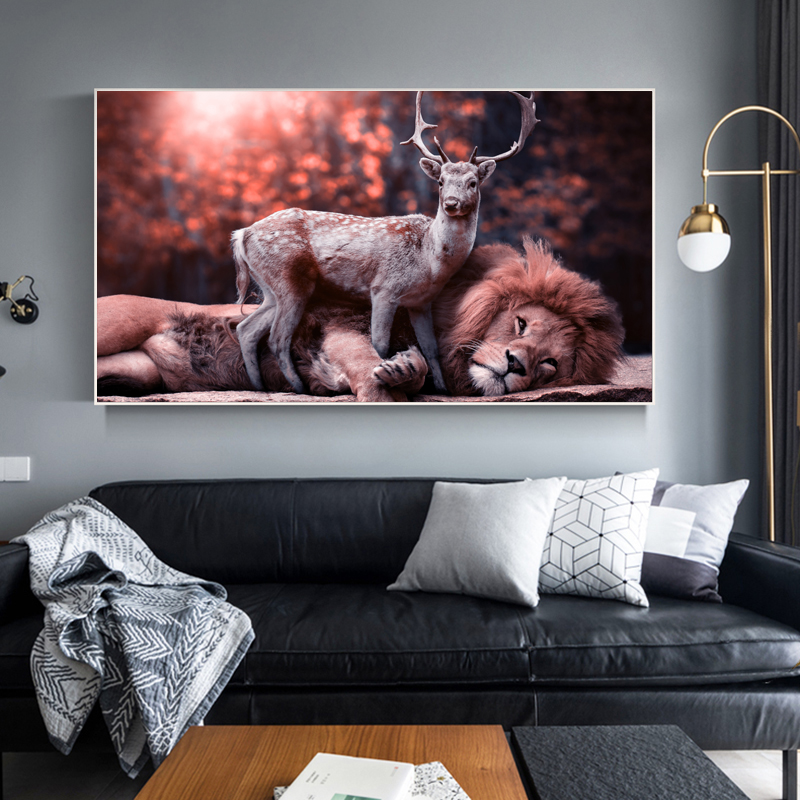 Nordic Poster Black And White Lion Deer Pictures Animal Lying Ground Canvas Painting Wall Art For Living Room Posters And Prints