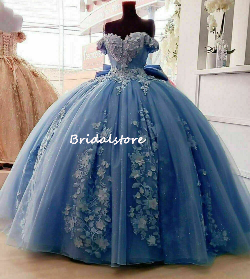 Luxury Pink Dusty Blue Quinceanera Dresses Charro Puffy Tulle Florals Ball Gown Prom Dress With Big Bow Birthday Party Sweet 16 Gowns With Beaded Off 