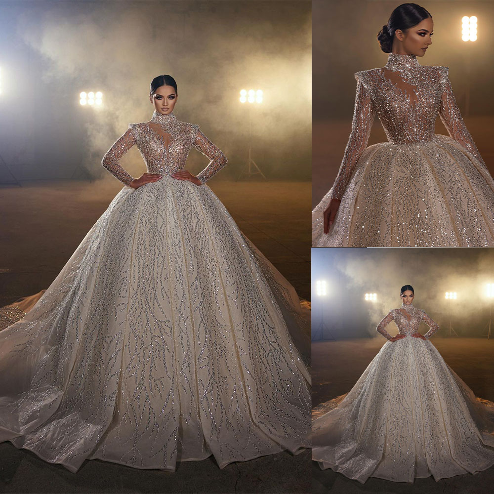 Elegant Ball Gown Wedding Dresses Appliques Sequins Beads V Neck Long Sleeves Halter Backless Floor Length Train Ruffles High Waist Vintage Robes De S