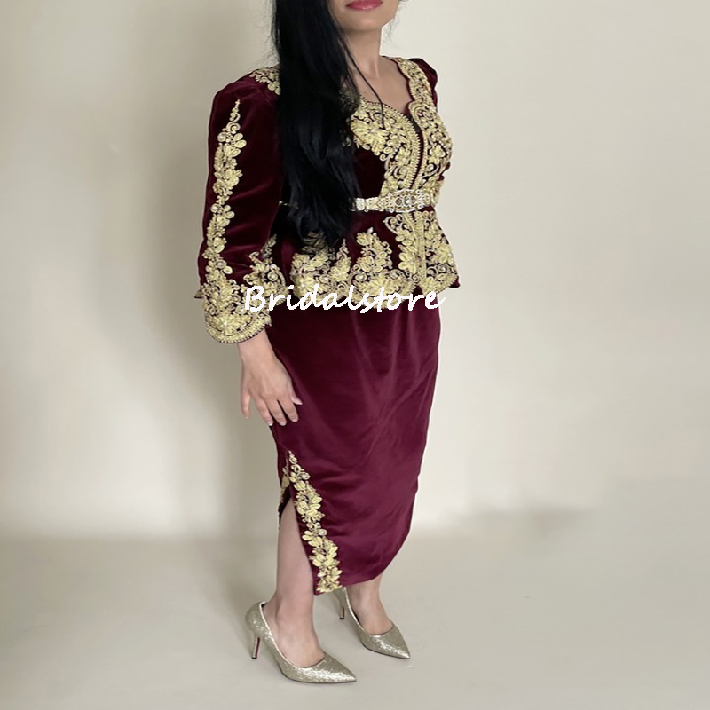 Traditional Wine Algeria Karakou Evening Dress 2022 V Neck Long Sleeve Short Arabic Caftan Prom Dresses Gold Lace Bride Wear Formal Party Special Occa