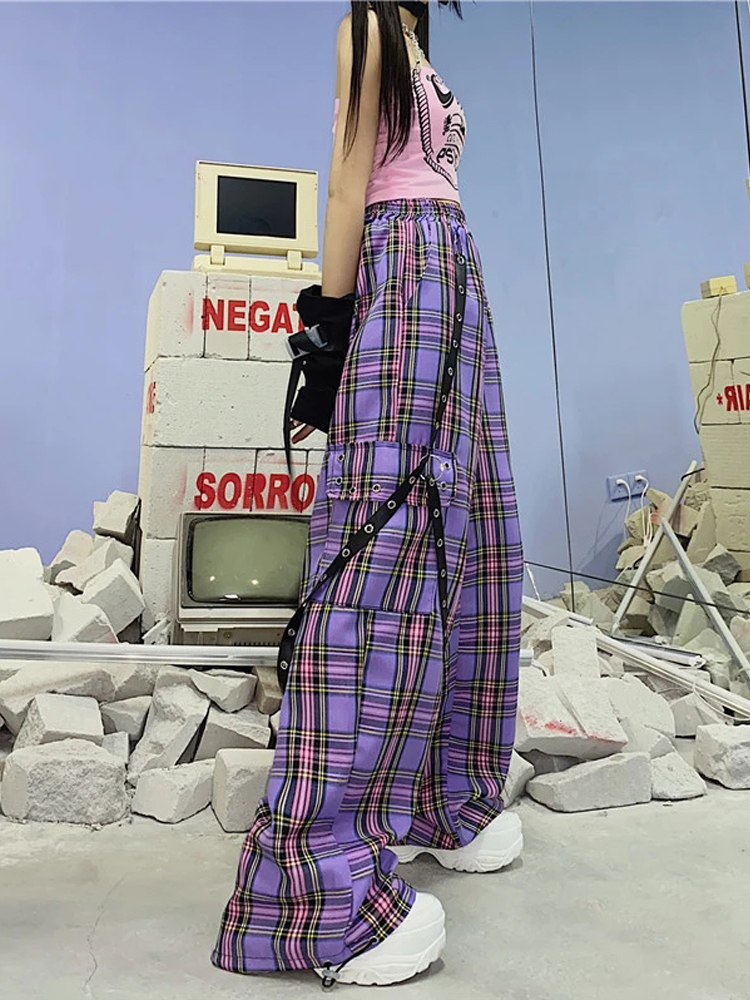 QWEEK Mall Goth Y2K Cargo Pant Hippie Purple Plaid Harajuku Streetwear Chain Checked Trousers Famale High Waist Aesthetic 220325