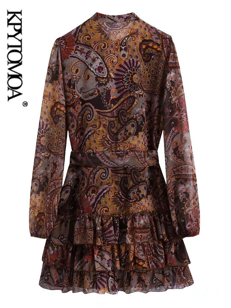 Women Fashion With Belt Paisley Print Mini Dress Vintage Long Sleeve Ruffled Hem Female Dresses Vestidos Mujer 220526