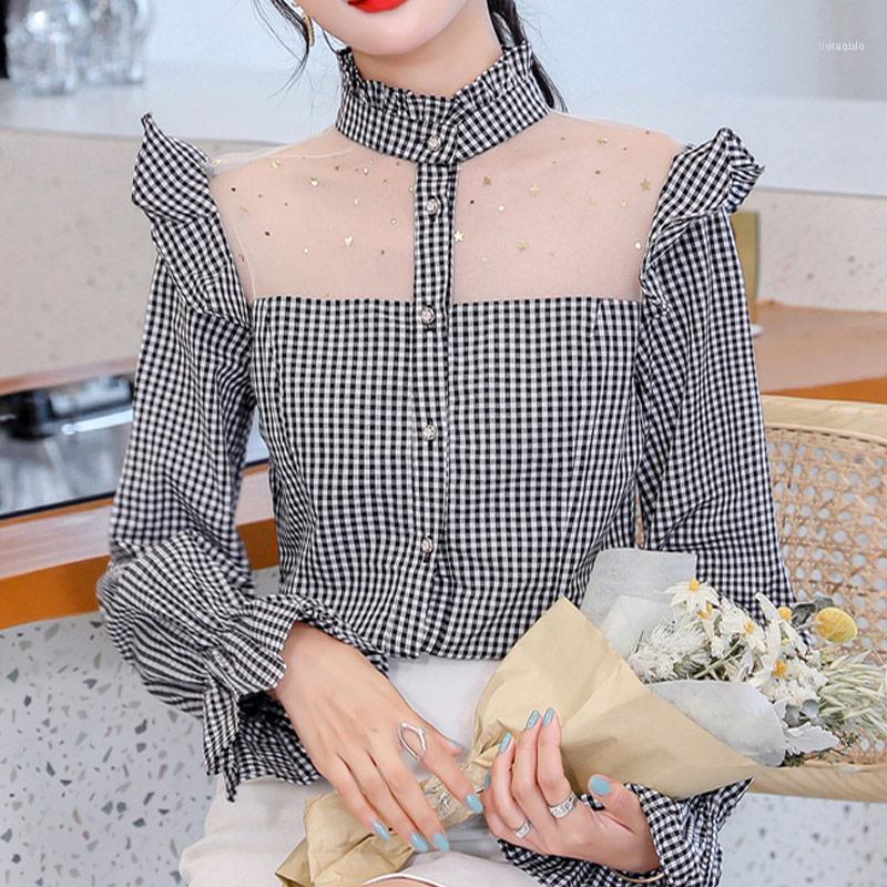 Women' Blouses & Shirts Korean 2022 Spring Elegant Sexy Hollow Out Mesh Plaid Shirt Women Fashion Ruffles Star Office Lady Blouse Top, Black white plaid
Women' Blouses & Shirts Korean 2022 Spring Elegant Sexy Hollow Out Mesh Plaid Shirt Women Fashion Ruffles Star Office Lady Blouse Top, Black white plaid