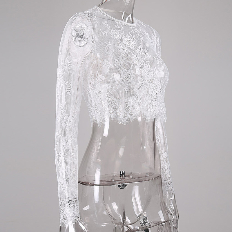 Woman Summer Blouse Mesh Slim Perspective Navel Sexy Style Lace Crop Tops O-neck White Black Beach Flower Blouse Tees Clubwear 220516