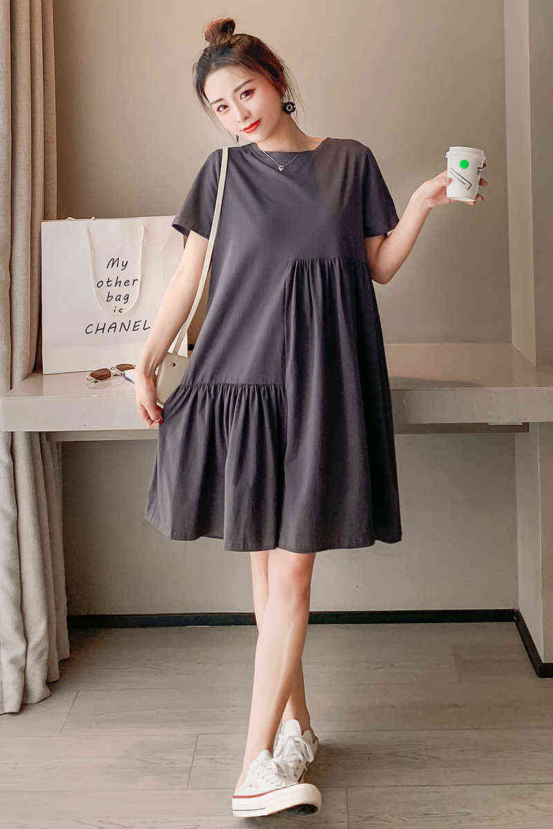 Summer Irregular Large Yards Pregnant Women Knitted Dress Short Sleeve Oneck Maternity Pleated Dress Casual Woman Clothing J220628