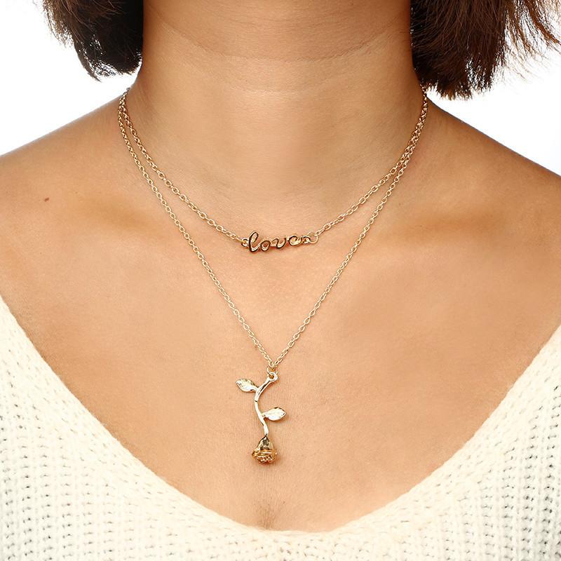 Pendant Necklaces Romantic Jewelry Double Layer Letter LOVE Rose Flower Necklace Silver Color Chain Collar Wedding Gift
Pendant Necklaces Romantic Jewelry Double Layer Letter LOVE Rose Flower Necklace Silver Color Chain Collar Wedding Gift