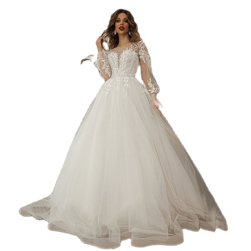 Elegant Ball Gown Wedding Dresses Long Hollow Sleeves V Neck Sequins Appliques Lace Ruffles or Length Bridal Gowns Plus Size robes de soiree