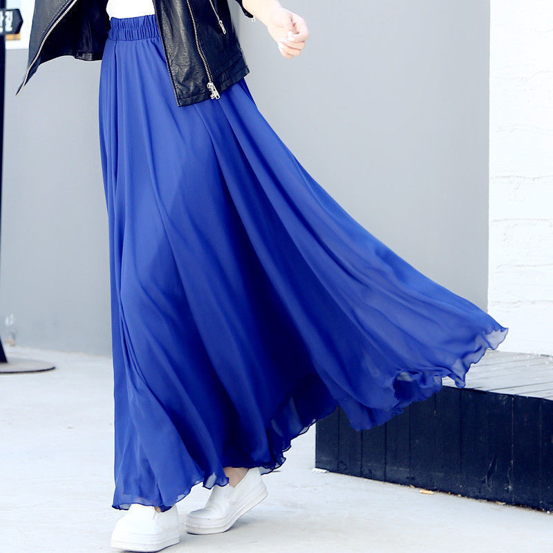 Spring Skirt 3 Layer Chiffon Long Skirts For Women Elegant Casual High Waist Boho Beach Maxi Saias Femme 80/90/100cm 220322